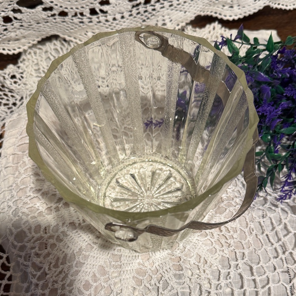 Ice Bucket with Frosted Striped Glass and has an Etched Handle and Tongs - Picture 6 of 16